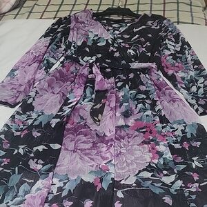 Floral Long Sleeve Dress - Purple and Black